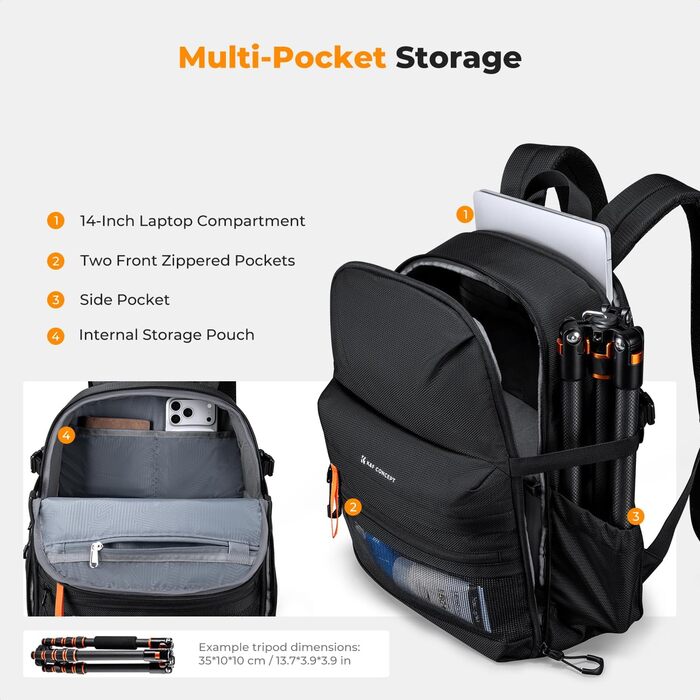 Фоторюкзак K&F Concept 25L для фотографа та відеографа: легкий, з дощовиком та знімними перегородками, відділення для штатива