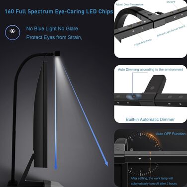 LED лампа настільна з авторегулюванням яскравості, 80 см, кріплення-прищіпка, регулювання колірної температури, захист для очей, денне світло, таймер, матовий чорний