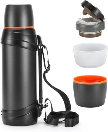 Термос-пляшка з нержавіючої сталі, 2.5 л, з кришкою-чашкою, зберігає тепло 24 год, холод 24 год, без BPA (чорна)