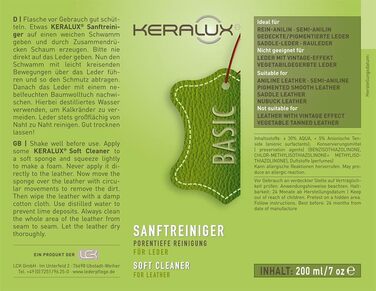 KERALUX 4-piece leather care set A for aniline leather, 200 ml cleaner, 200 ml conditioner, sponge, cloth. Includes impregnation and UV protection.