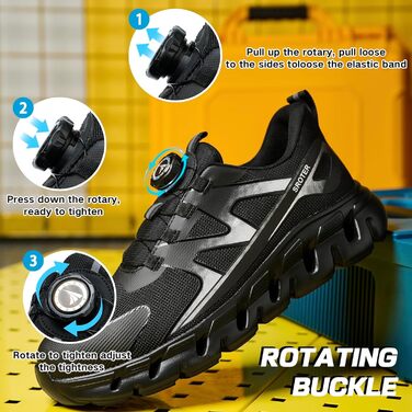 Черевики безпеки унісекс, легкі, спортивні, дихаючі, шнурки/крутильний замок, сталевий підносок, антиковзаючі, 43 EU, чорні