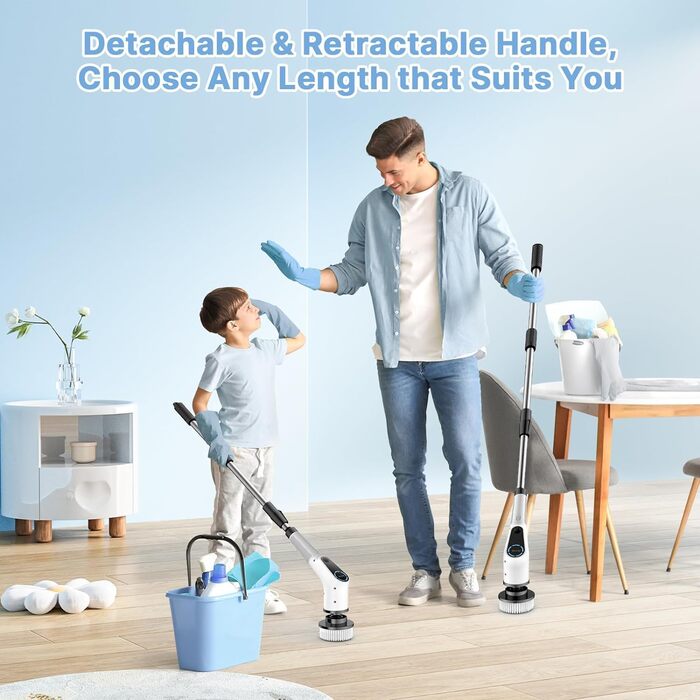Electric Cleaning Brush, 8 in 1 Electric Cleaning Brush with Interchangeable Drill Brush Heads, Mop Set, Electric Scrub Brush with Adjustable Handle for Bathroom, Kitchen, Car, Floor