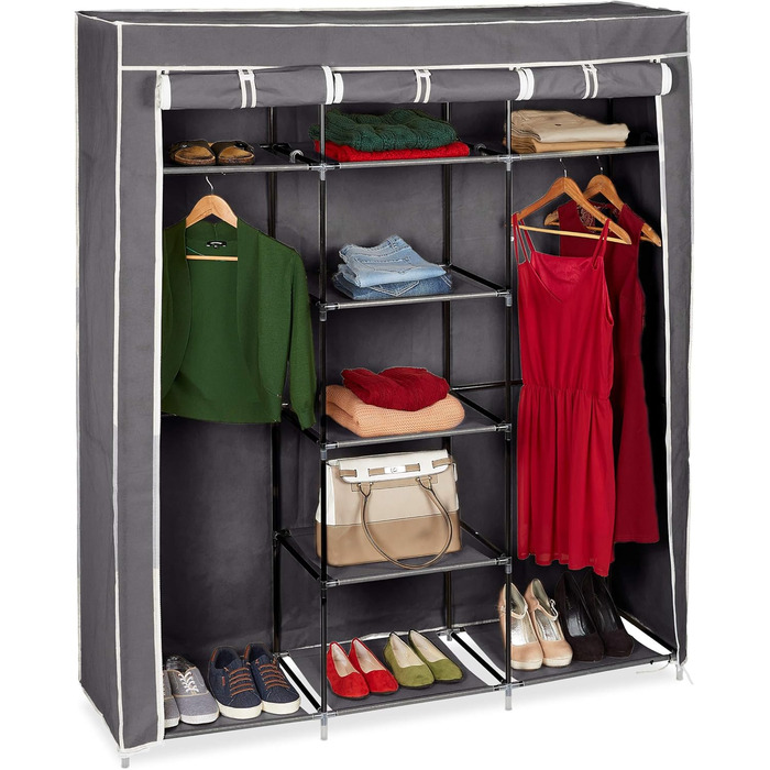 Relaxdays Fabric Clothes Closet, 9 Compartments, 2 Clothes Rails, HBT: 173 x 148 x 43 cm, Camping, Basement, Folding Closet, Anthracite, Fabric, 10019122-139