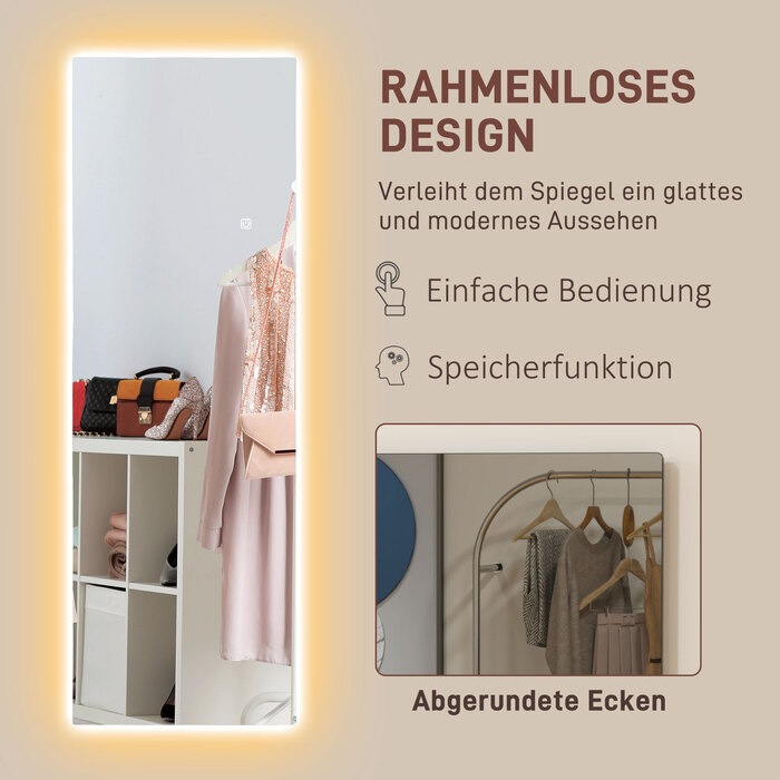 HOMCOM Full Length Mirror 40 x 120 cm Standing Mirror with LED Lights, Wall Mirror with Touch Control, Frameless Floor Mirror, for Bedroom, Living Room | Aosom