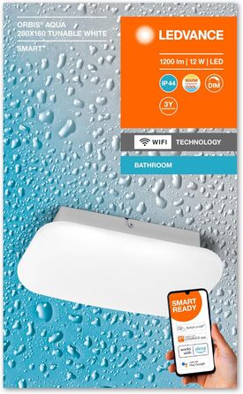 LEDVANCE Smart LED Bathroom Lamp white, 1200LM, 3000-6500K, 300mm x 70mm, IP44, Orbis Bath Bathroom Light with Wifi Technology, dimmable, controllable via App and Voice Assistants (White, 28 x 10 cm, Aqua)