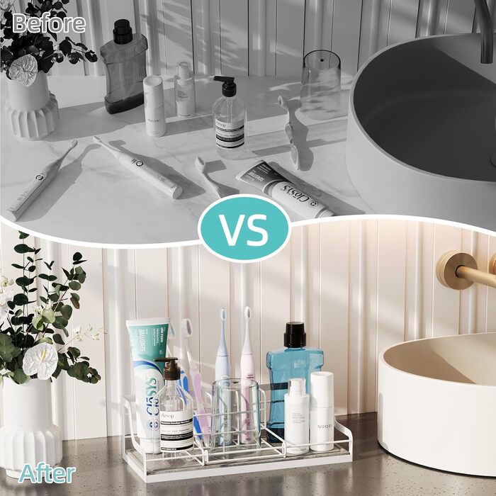 Тримач для зубних щіток у ванну кімнату: органайзер на 6 слотів, швидковисихаючий, для електричної зубної щітки, з абсорбуючою силіконовою гумкою, аксесуари для ванної кімнати з регулюванням (білий)