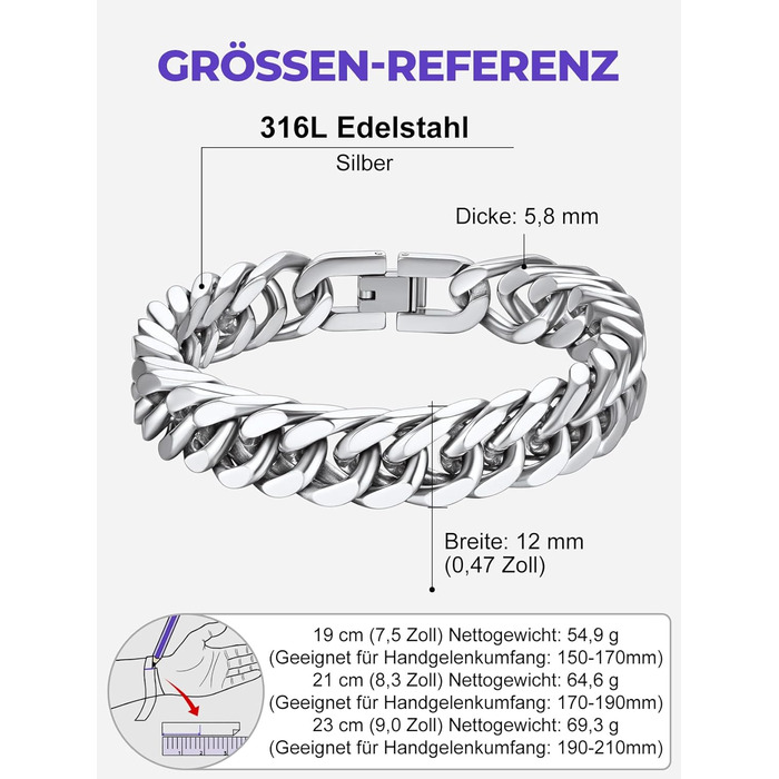 Чоловічий браслет Richsteel з нержавіючої сталі сріблястого/золотого/чорного кольору, ширина 12 мм, довжина 21 см, кубинський ланцюг, для подарунка