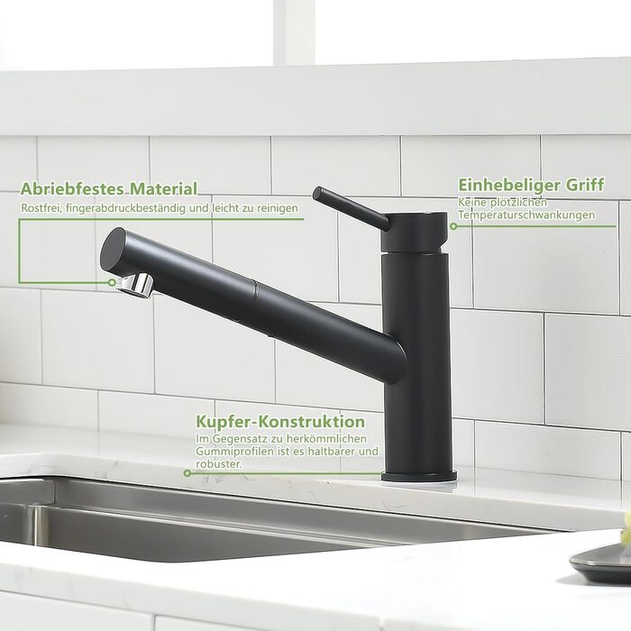 Кухонний змішувач AIMADI висувний чорний з 3-х режимним душем, 38 см шланг, однорідний змішувач для холодної та гарячої води, підходить для раковини та кухонного острова, водоспад, чорний колір