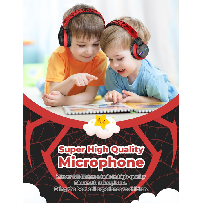 iClever Бездротові навушники для дітей з LED-підсвіткою, Over-Ear, Bluetooth 5.2, мікрофон, BTH12 (Чорний/Червоний)