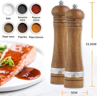Двосекційна дерев'яна мельниця для солі та перцю з регульованим керамічним жорном та акриловим вікном, велика для перцю, морської солі та спецій