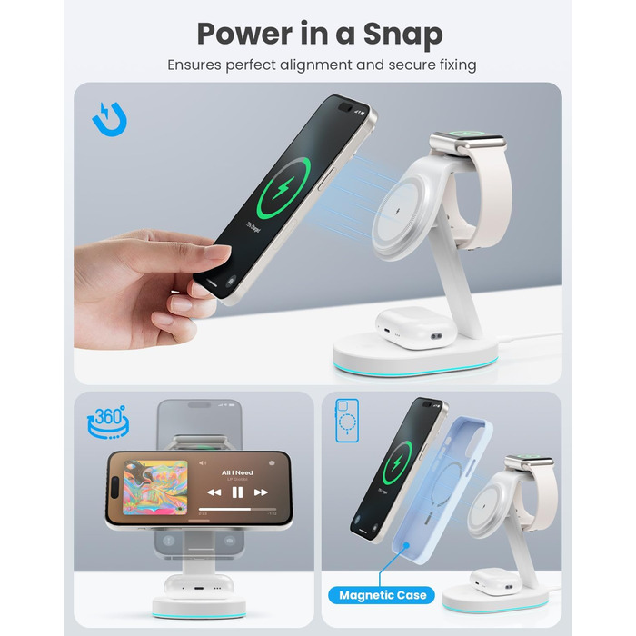 Бездротова зарядка 3-в-1 з MagSafe, USB-C та нічним світлом для iPhone 16/15/14/13/12, Apple Watch та AirPods (біла)