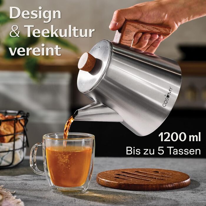 Teapot with infuser and trivet - Stainless steel & FSC wood - Induction and all other stovetops - 1200ml