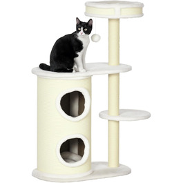Кігтеточка PawHut для котів 100 см, багатоповерхова з м'яким лежанкою, іграшками, сизалевими стовпами, платформа для котів до 5 кг, кремово-білий котячий комплекс