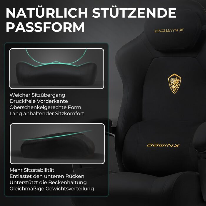 Ігровий крісло Dowinx з ергономічною підтримкою попереку, регульованою підголівником, посиленим сидінням, висувною підніжкою, регульованими підлокітниками, мікрофібровим велюром, нахилом 160°, чорне