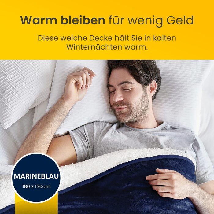 Електрична ковдра Cosi Home 180x130 см з регулюванням температури, захистом від перегріву та пульт дистанційного керування. Sherpa та Fleece, Navy Marineblau