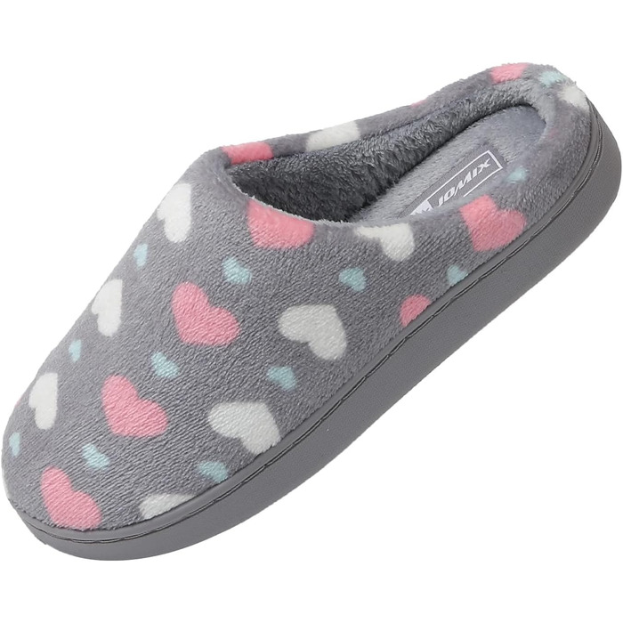 Тапочки жіночі JOMIX Winter Hausschuhe з сердечками, теплі, з плюшевою підкладкою, зручні, антиковзні, для дому, сірий світлий, 39 EU