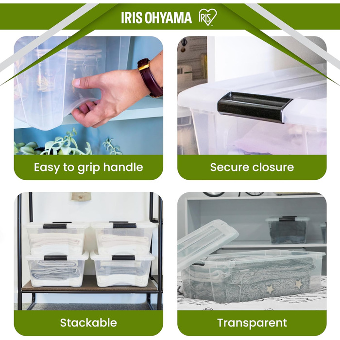 Iris Ohyama Storage Box with Lid, 6-Piece Set, Transparent, Snap Closures with Handles, Stackable, Strong & Durable, For Clothing, Garage, Home, Office, Plastic Box, Storage TB-45 (32L, x4)