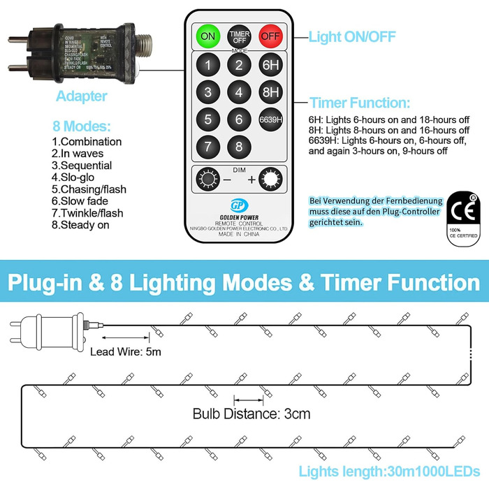 Льо́мка́ гірля́нда 100 LED, білий колір, для зовнішнього використання, вологостійка, 8 режимів, з пультом дистанційного керування та таймером. Підходить для декорування вечірок, свят, садів, балконів, ялинок. 1000 LED.