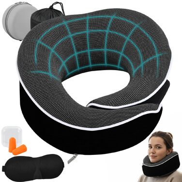 Подорожній набір 5 в 1: Ергономічна подушка для шиї з ефектом пам'яті (Memory Foam), 3D маска для сну, беруші та сумка, чорний