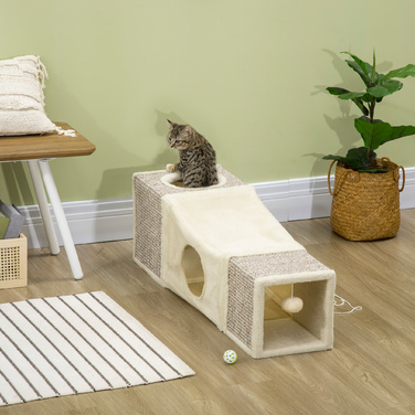 PawHut Cat Tunnel with Play Ball, Cat Toy, Sisal Play Tunnel, Brown+Beige, 98x30x30 cm | Aosom