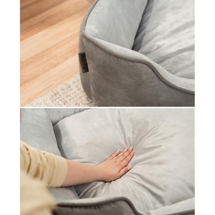 Ліжко для собак Lionto 2-в-1 з комфортним входом, м'яке лежання для домашніх тварин, підходить для собак та котів, 80x60 см, подушка для собак з легкою у догляді оксамитовою обробкою, сірий колір (Д 80 x Ш 60 x В 26 см (з нанесенням імені), Темно-сірий/Св