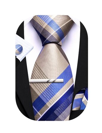 Набір краваток у клітинку Barry.Wang з хустинкою та запонками. Класична смугаста краватка для чоловіків (кремового кольору)