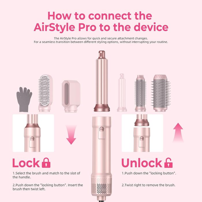 Набір для укладки волосся Atopskins 6 в 1: фен-щітка, локони, термощітка, 1000W, рожевий