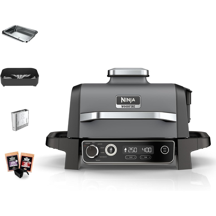 Ninja Woodfire Electric Grill with Smoker & Air Fryer - 7-in-1 Outdoor BBQ Grill - Weatherproof, Non-Stick, Portable - Grey/Black OG701EU