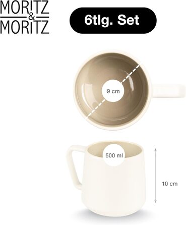 Набір кавових чашок Moritz & Moritz CAVO, 6 шт., пісочний колір, 500 мл, з ручкою, з якісного кераміки. Стильний дизайн для кави, чаю, капучино.