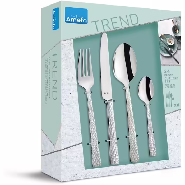 Amefa Cutlery Set Felicity, 24-Piece Place Setting Set, Cutlery Set for 6 People, 18/0 Stainless Steel, 13/0 Blade Steel, Hammered Handle, Includes Knife, Fork, Spoon & Coffee Spoon