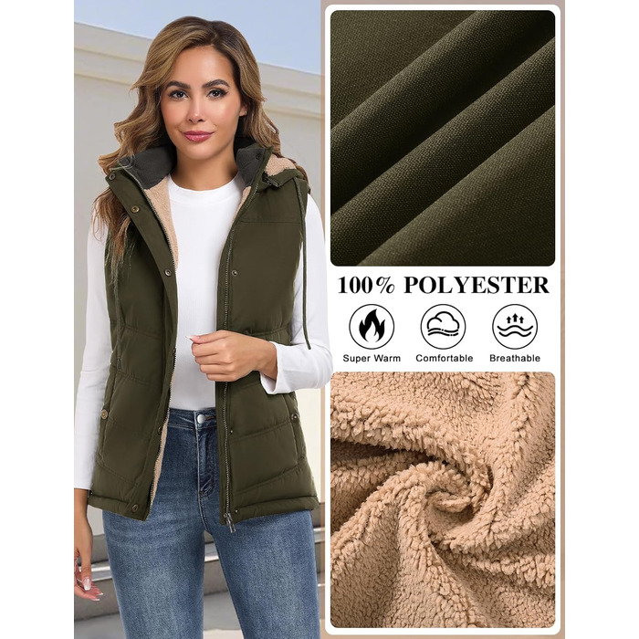 Жіноча жилетка Tuopuda з капюшоном, стеганий фліс, тепла зимова куртка без рукавів, термо жилетка з коміром-стійкою, на блискавці, осінь/зима (армійний зелений, XL)