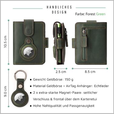 Will Fire® AirTag Wallet with Photo Capsule | Includes AirTag Attachment | Genuine Leather Wallet with Coin & Bill Compartments | Extra Secured RFID Card Holder | Space for up to (12) Cards [Green]