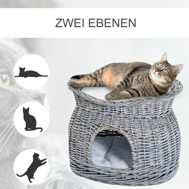 PawHut Ратанна котяча лежанка елегантна котяча хатинка з подушкою та дахом для відпочинку, ліжко для домашніх тварин з рогожу водяної гірчани, сірого кольору, для вітальні