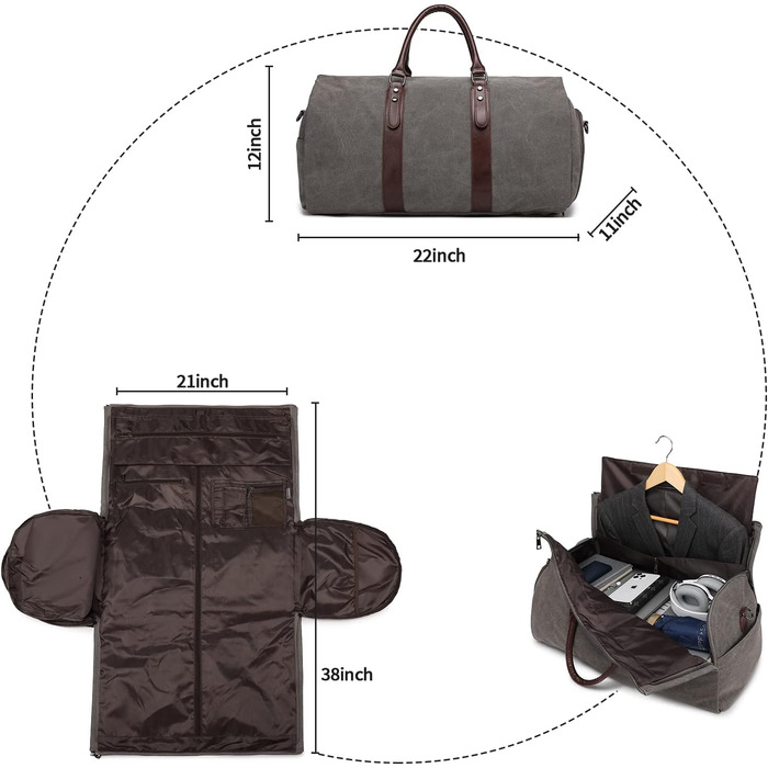 Portable Garment Bag, Men's Suit Bag for Business Travel, Large Leather Travel Bag with Shoe Compartment (Gray Backpack)