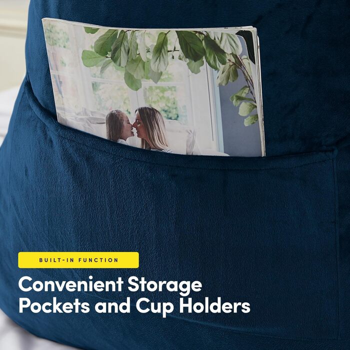 Велике крісло-мішок для читання з підсвічуванням, комфортне та зручне, з підстаканниками, кишенями для зберігання, знімною подушкою для шиї та знімним чохлом, ідеальне для відпочинку, роботи, велике, темно-синій