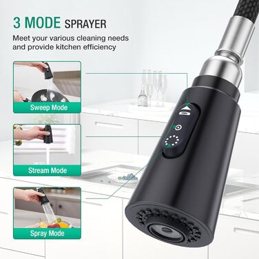 Кран кухонний CREA Wasserfall висувний з дозатором мила, нержавіюча сталь, 360° оберт, 4 режими, матовий чорний