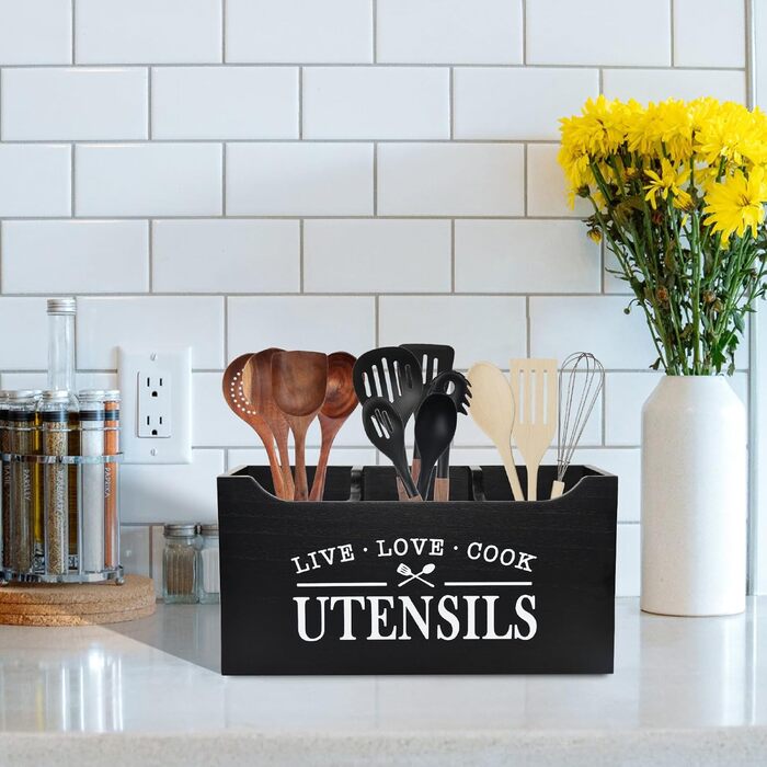 Karisky Kitchen Utensil Holder with Drainage Bottom, Large 3-Compartment Solid Real Wood Utensil Organizer for Countertops, Cooking Tools for Farmhouses for Worktops (Black)