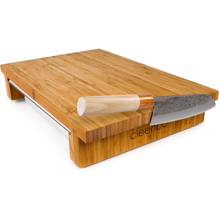 Classic bamboo cutting board GN with magnetic knife holder and stainless steel drip tray, professional wooden kitchen board made of oiled bamboo with container. Cutting board dimensions: 43 x 29 x 7.5 cm