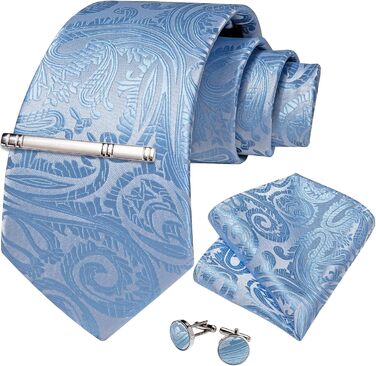 Дибанггу: Шовкова краватка з візерунком пава та нагрудна хустинка, запонки та затискач для краватки - ідеальний комплект для весілля та балу (світло-блакитний)