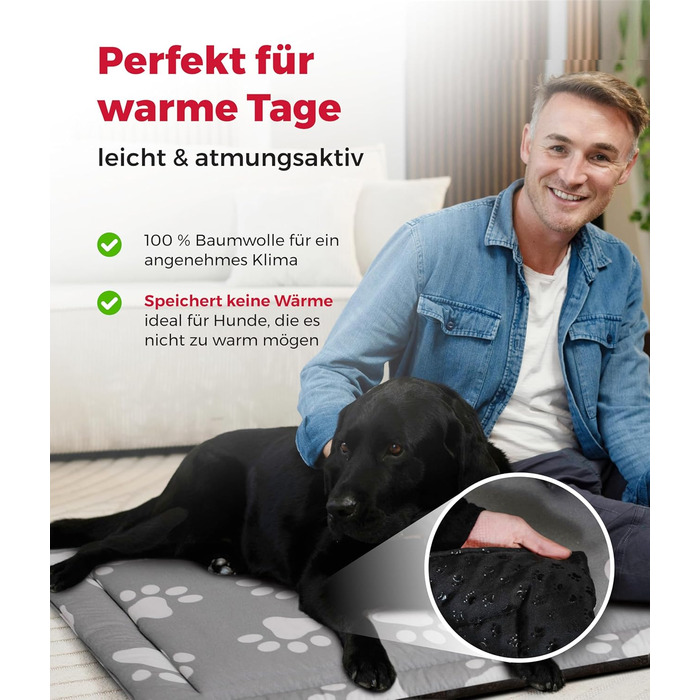 Літня подушка для собак HS-Hundebett® з бавовни з наповнювачем та антиковзким покриттям XS – М'яка подушка для собак на літо – Пральна та довговічна – Легка літня подушка для собак – Виготовлено в Німеччині (Лапа, Антрацит, 95x135 см)