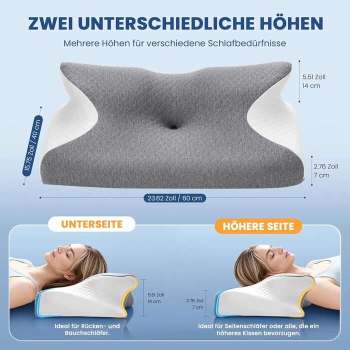 Ортопедична подушка A-Pce з Memory Foam для шиї, спини та плечей. Підходить для сну на боці, спині та животі. Сіро-білий колір