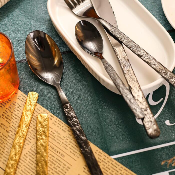 Набір столових приборів SANLI з чорними ручками під камінь, 24 предмети з нержавіючої сталі для 6 осіб, сучасний дизайн, можна мити в посудомийній машині