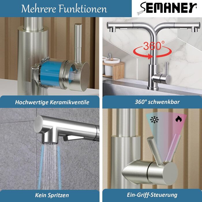 Висувний кран для кухні SEMANEY з двома режимами, поворотний на 360°, з донним виливом, однорегуляторний, матовий (для кухні)