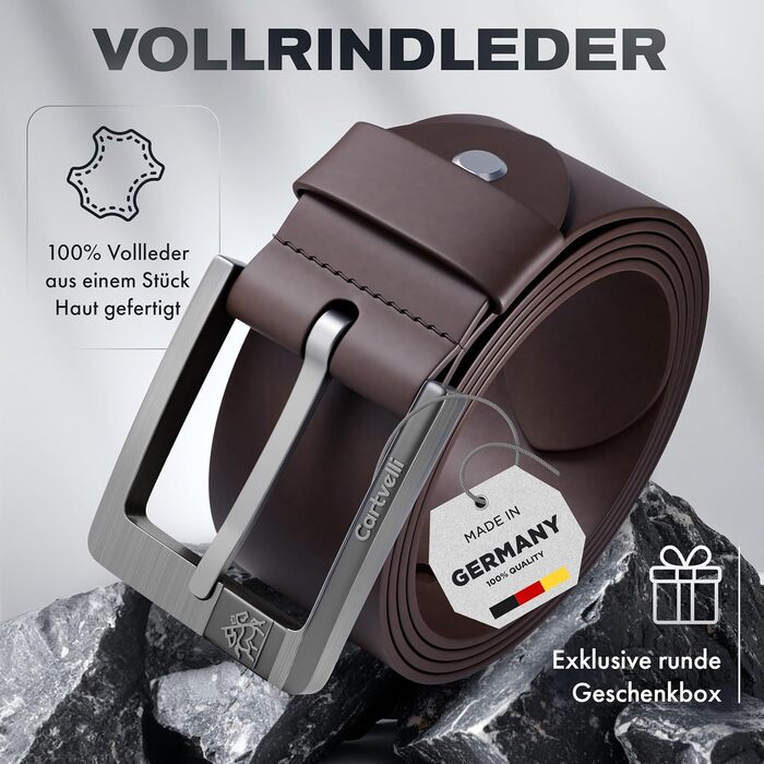 Чоловічий шкіряний ремінь преміум-якості, виготовлений у Німеччині, з подарунковою коробкою. Ремінь з натуральної шкіри, 40 мм, для джинсів, костюма, чинос, штанів. Колір: темно-коричневий. Загальна довжина: 115 см