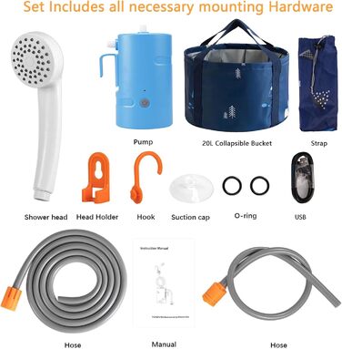 Portable Outdoor Shower, 2 Flow Modes, IPX7 Waterproof, with LED Light, 4400mAh Battery, USB Charging, Electric Shower Pump, Suitable for Hiking/Backpacking, Travel, Beach, Pets, Flowers