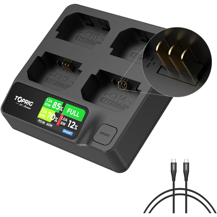 Зарядний пристрій Toprig BC02 для акумуляторів Sony NP-FZ100 з USB-C PD 60W, LCD-дисплеєм та моніторингом заряду в реальному часі