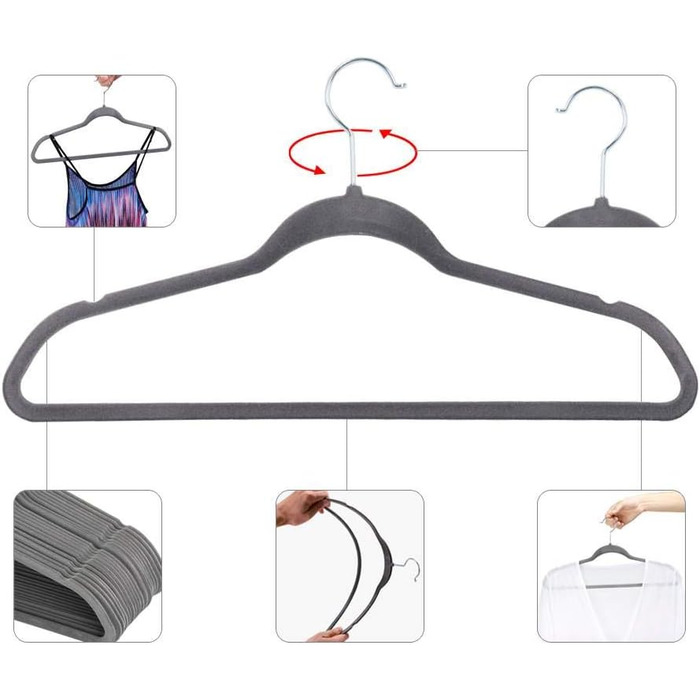 Yaheetech Velvet Clothes Hangers 100 Pack Suit Hangers Closet Hangers Non-Slip Surface Laundry Hangers with 360° Swivel Hook Grey
