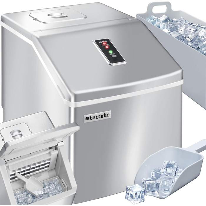 TecTake Professional Ice Cube Machine, Ice Cube Maker for Clear Ice Cubes, Ice Cube Maker, 13 Kg 24 h, 2.2 Liter Water Tank, 24 Ice Cubes per Cycle, incl. Ice Bucket and Ice Scoop - Silver