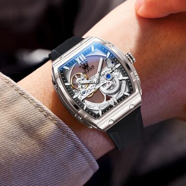 Чоловічий скелетон годинник OLEVS автоматичний, розкішний годинник зі сталевим браслетом, водонепроникний, з календарем та підсвіткою (Срібно-чорний)