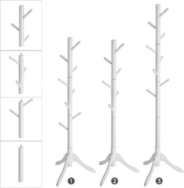 VASAGLE Coat Rack, Solid Wood Clothes Rack, Coat Stand with 8 Hooks, Tree Shape, 3 Adjustable Heights, for Coats, Jackets, Bags, for Entryway, Bedroom, RCR01GY (White)